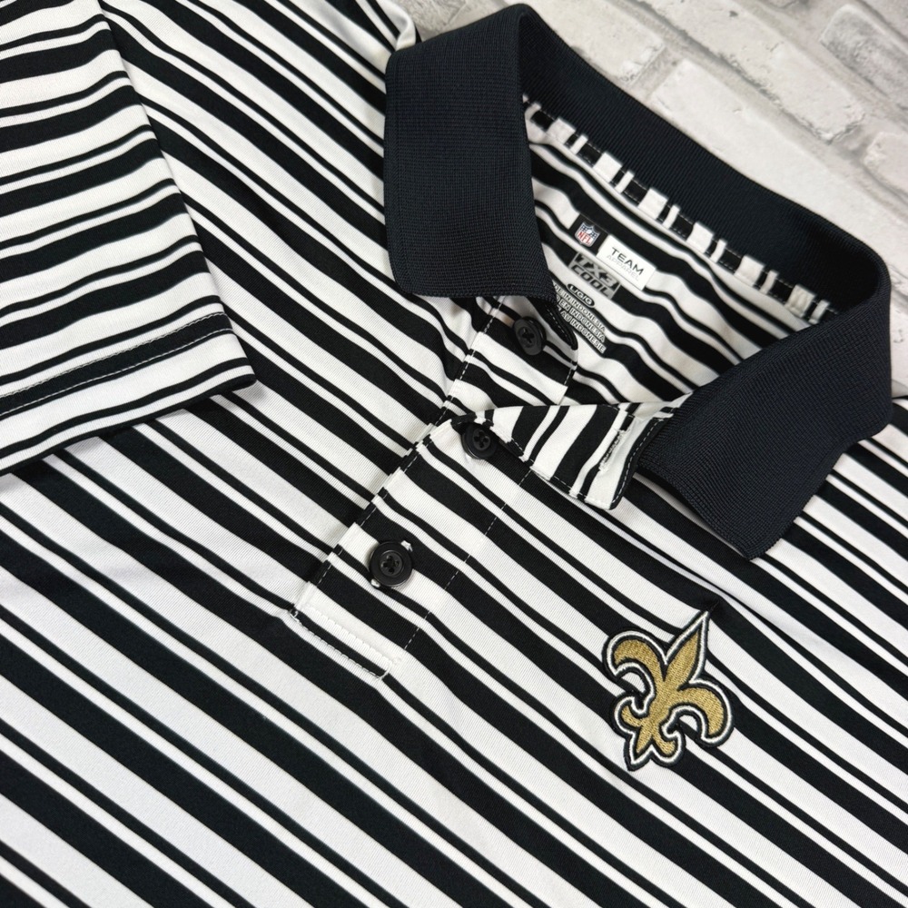 NFL Team Apparel Polo Mens L Black White Striped Saints Performance EUC - Picture 1 of 10